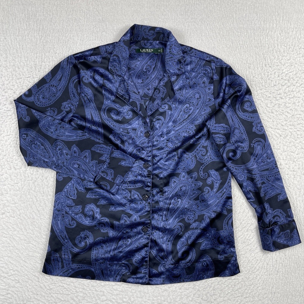 Lauren Ralph Lauren Shirt Womens XS Blue Paisley LRL Preppy Disco Party Workwear